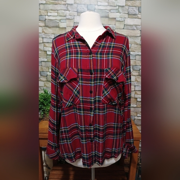 Sanctuary Tops - Sanctuary Red‎ Plaid Generation Boyfriend Snap Button Down Shirt Large Western